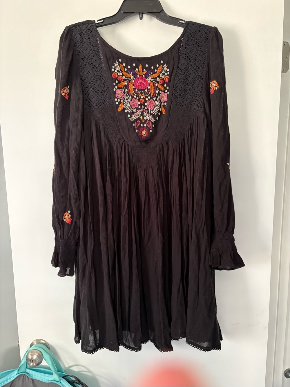 Free People Black Boho Embroidered Long Sleeve Dress